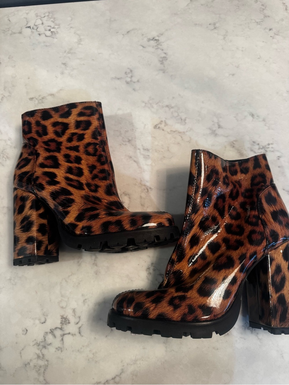 SCHUTZ Leopard Print Patent Block Heel Ankle Boots - Brown/Black